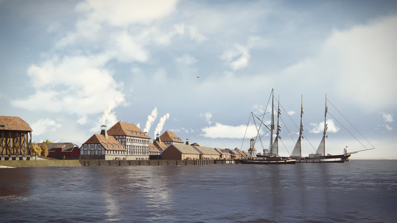 Historisk datamodell av Vallø saltverk med seilskip ved kaien